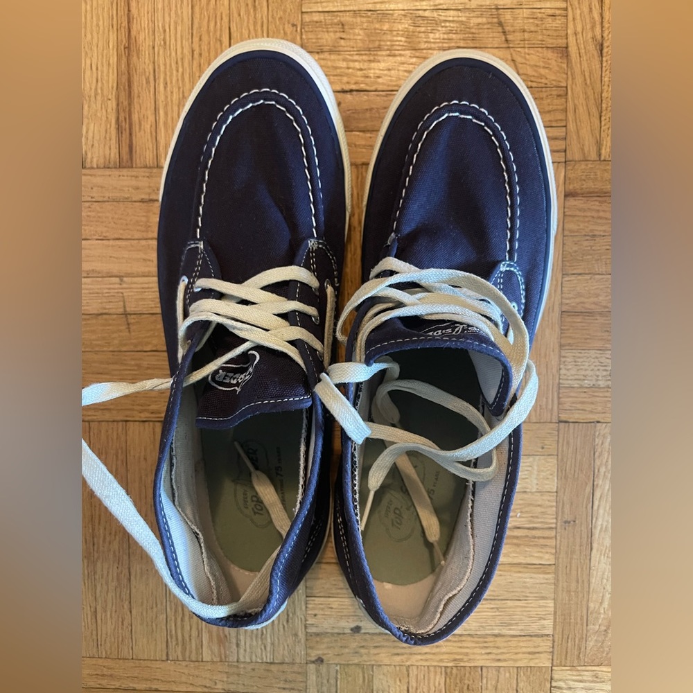 Worn once Sperry Top Siders; Navy fabric; 11 M, feels like a 10.5 M; washed